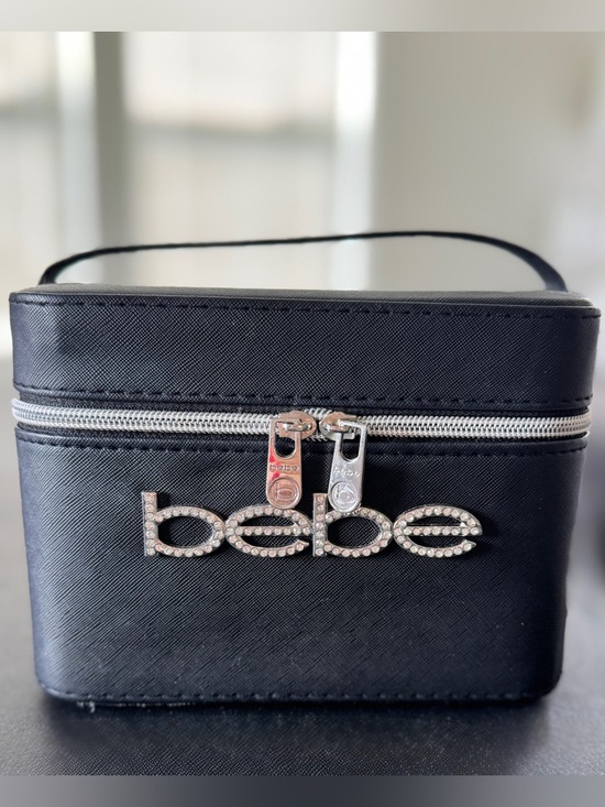 bebe Handbags - Black “Bebe” Bling Rhinestone Logo Hard Shell Makeup Case with Top Handle